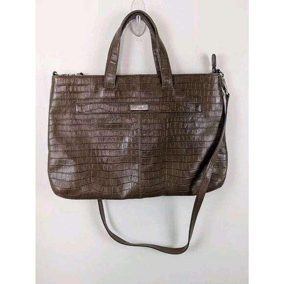 Lodis Brown Leather Laptop Messenger Bag Large Tote Alligator 17x11" Work - Picture 2 of 5